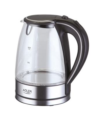 Чайник Adler AD 1225 Standard, 2000 W, 1.7 L, Glass, 360° rotational base, Stainless steel/Black