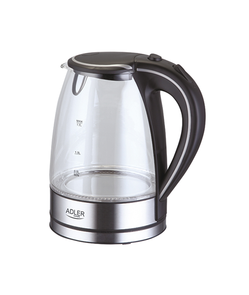 Adler Kettle AD 1225 Standard, 2000 W, 1.7 L, Glass, 360° rotational base, Stainless steel/Black Adler Kettle AD 1225 Standard, 2000 W, 1.7 L, Glass, 360° rotational base, Stainless steel/Black