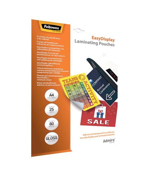 LAMINATOR POUCH EASYDISPLAY/A4 80 25PCS 5601703 FELLOWES LAMINATOR POUCH EASYDISPLAY/A4 80 25PCS 5601703 FELLOWES
