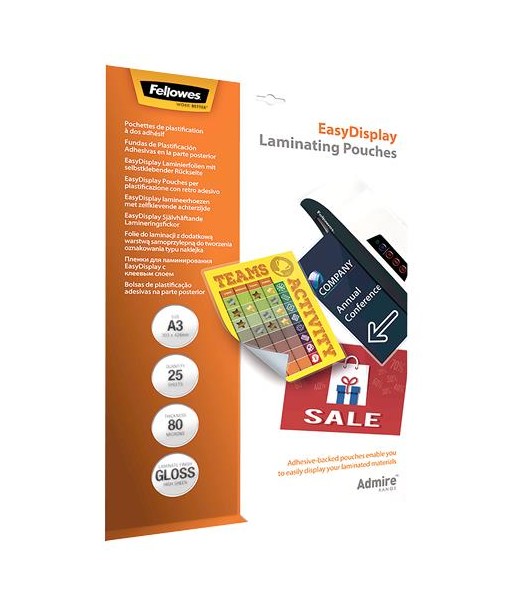 LAMINATOR POUCH ADHESIVE/A3 80 25PCS 5601803 FELLOWES LAMINATOR POUCH ADHESIVE/A3 80 25PCS 5601803 FELLOWES