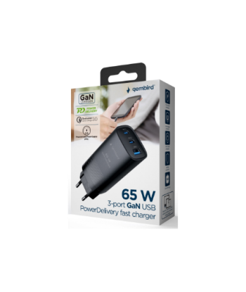 Cablexpert TA-UC-PDQC65-01-BK 3-port 65 W GaN USB PowerDelivery fast charger, black | Cablexpert