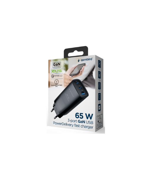 Cablexpert TA-UC-PDQC65-01-BK 3-port 65 W GaN USB PowerDelivery fast charger, black | Cablexpert Cablexpert TA-UC-PDQC65-01-BK 3-port 65 W GaN USB PowerDelivery fast charger, black | Cablexpert