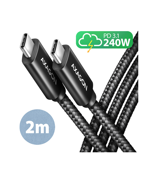 AXAGON BUCM2-CM20AB CHARGE cable USB-C -- USB-C, 2m, Hi-Speed USB, PD 240W 5A, ALU, braid AXAGON BUCM2-CM20AB CHARGE cable USB-C -- USB-C, 2m, Hi-Speed USB, PD 240W 5A, ALU, braid