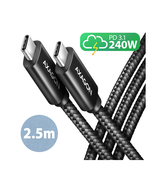 AXAGON BUCM2-CM25AB CHARGE cable USB-C -- USB-C, 2.5m, Hi-Speed USB, PD 240W 5A ALU braid AXAGON BUCM2-CM25AB CHARGE cable USB-C -- USB-C, 2.5m, Hi-Speed USB, PD 240W 5A ALU braid