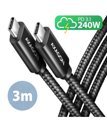 AXAGON BUCM2-CM30AB CHARGE cable USB-C -- USB-C, 3m, Hi-Speed USB, PD 240W 5A, ALU, braid