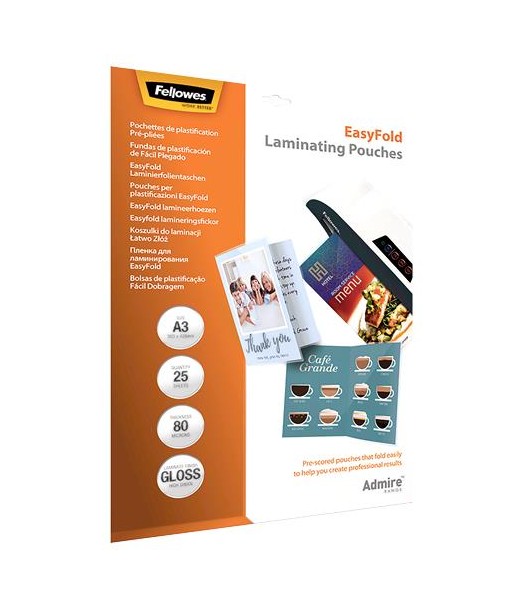 LAMINATOR POUCH EASYFOLD/A3 80 25PCS 5602001 FELLOWES LAMINATOR POUCH EASYFOLD/A3 80 25PCS 5602001 FELLOWES