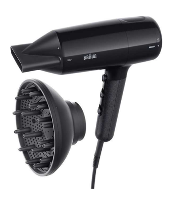 Föön Braun, BRHD225E, 2200 W, Number of temperature settings 3, Ionic function, Diffuser nozzle, Black