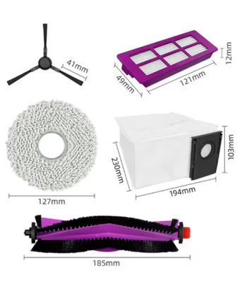 Midea V15 Spare Parts kit: 1x Side Brush, 2x Mop Pad, 1x Roller Brush, 1x Filter, 1x Dust Bag