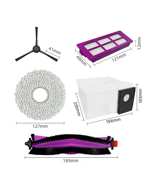 Midea V15 Spare Parts kit: 1x Side Brush, 2x Mop Pad, 1x Roller Brush, 1x Filter, 1x Dust Bag Midea V15 Spare Parts kit: 1x Side Brush, 2x Mop Pad, 1x Roller Brush, 1x Filter, 1x Dust Bag