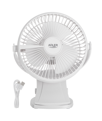 Вентилятор Adler AD 7342 – настольный, с зажимом, аккумуляторный, 15.5 см, 3 скорости, белый