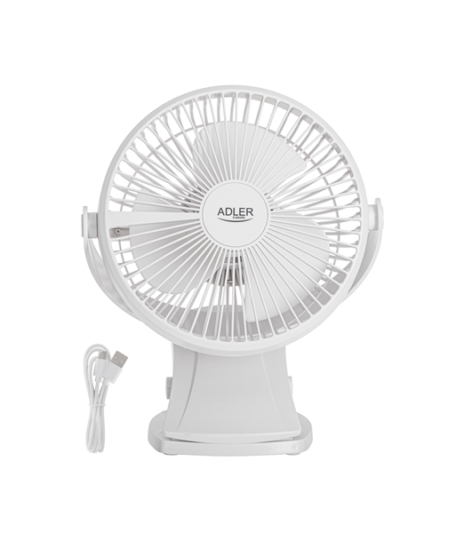 Adler Rechargeable Clip-on Desk Fan, AD 7342, White, Diameter 15.5 cm, Number of speeds 3, Oscillation, 5 W