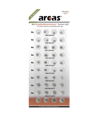 Arcas, AG Set (8xAG1, 8xAG3, 8xAG4, 8xAG13, 4xAG5, 4xAG12), Alkaline Button Cell, 40 pc(s)