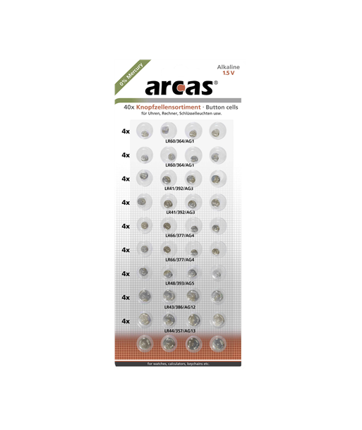 Arcas, AG Set (8xAG1, 8xAG3, 8xAG4, 8xAG13, 4xAG5, 4xAG12), Alkaline Button Cell, 40 pc(s) Arcas, AG Set (8xAG1, 8xAG3, 8xAG4, 8xAG13, 4xAG5, 4xAG12), Alkaline Button Cell, 40 pc(s)