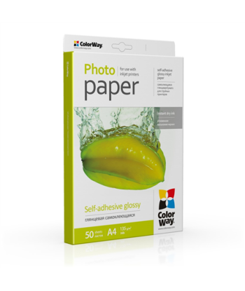 Фото-бумага ColorWay Glossy Self-adhesive, 135g/m, A4, 50pcs.
