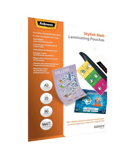 LAMINATOR POUCH STYLISH MATT/A3 80 25PCS 5602201 FELLOWES LAMINATOR POUCH STYLISH MATT/A3 80 25PCS 5602201 FELLOWES