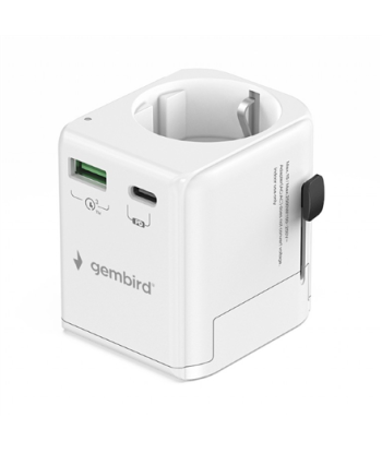 Gembird TPA-EU1A1C20-01-W Grounded universal travel power adapter, 20 W, white | Gembird