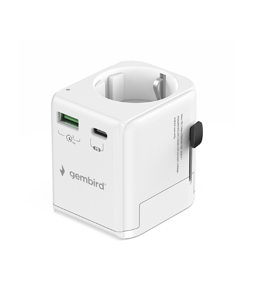 Gembird TPA-EU1A1C20-01-W Grounded universal travel power adapter, 20 W, white | Gembird
