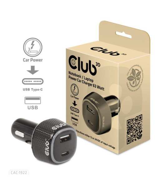NB CHARGER CAR USB+USB-C/63W CAC-1922 CLUB3D NB CHARGER CAR USB+USB-C/63W CAC-1922 CLUB3D