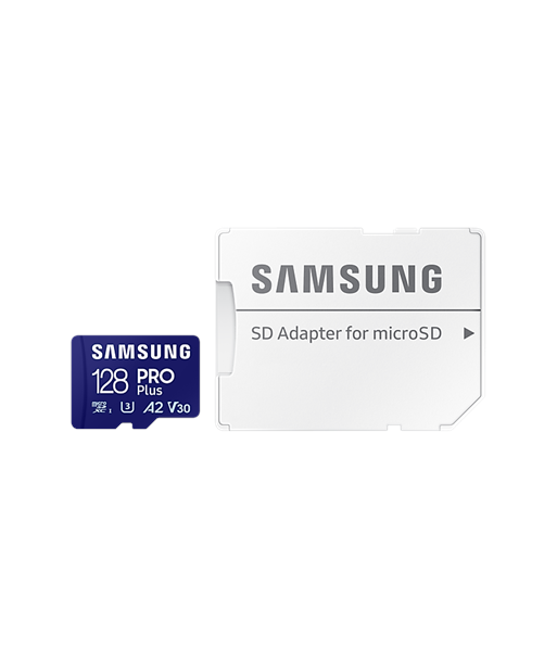 Samsung MicroSD Card with SD Adapter PRO Plus 128 GB, microSDXC Memory Card, Flash memory class U3, V30, A2, SD adapter