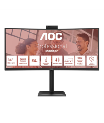 AOC CU34E4CW, 34", VA, UWQHD, 120 Hz, 4 ms, 3440 x 1440 pixels, 350 cd/m², HDMI ports quantity 2, Black