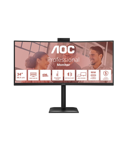 AOC CU34E4CW, 34", VA, UWQHD, 120 Hz, 4 ms, 3440 x 1440 pixels, 350 cd/m², HDMI ports quantity 2, Black