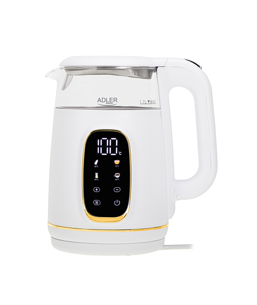 Veekeetja Adler with LED Display, AD 1305, Electric, 2200 W, 1.7 L, Plastic, 360° rotational base, White/Gold