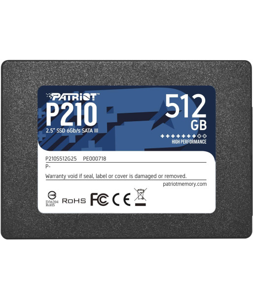 SSD PATRIOT P210 512GB SATA 3.0 Write speed 430 MBytes/sec Read speed 520 MBytes/sec 2,5" TBW 240 TB P210S512G25
