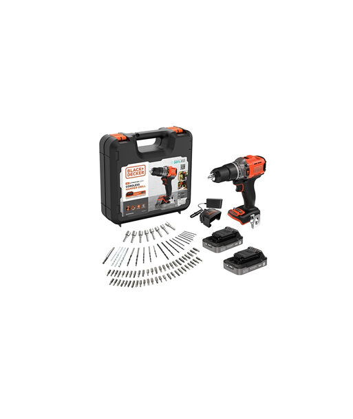 BLACK & DECKER 18V Impact Drill (with 2 x 18V 2.0Ah batteries with charge status indicator, 1A charger and 80 accessories) |