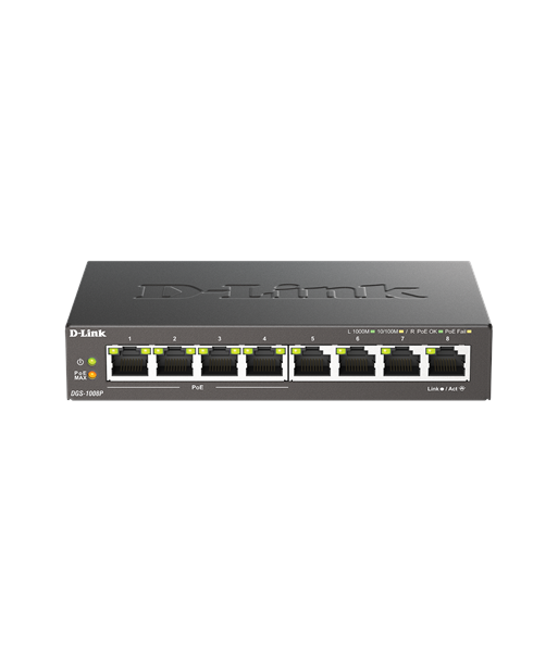 D-Link, 8-Port Gigabit PoE Switch (4xPoE), DGS-1008P, Unmanaged, Desktop, Power supply type External
