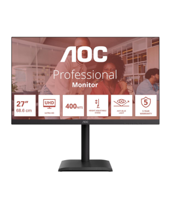 AOC, U27E4CV, 27", IPS, UHD, 16:9, 60 Hz, 4 ms, 3840 x 2160 pixels, 400 cd/m², HDMI ports quantity 2, Black