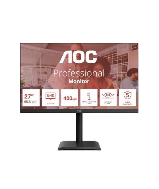 AOC, U27E4CV, 27", IPS, UHD, 16:9, 60 Hz, 4 ms, 3840 x 2160 pixels, 400 cd/m², HDMI ports quantity 2, Black