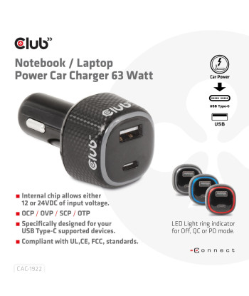 NB CHARGER CAR USB+USB-C/63W CAC-1922 CLUB3D