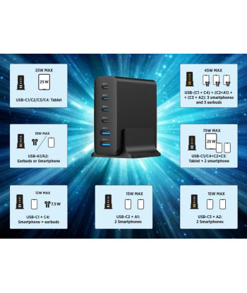Gembird TA-UC-2A4C-PD75-01-BK Universaalne 6‑pordiga 75W USB Laadija
