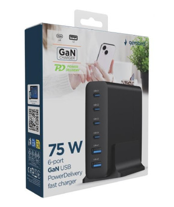 Gembird TA-UC-2A4C-PD75-01-BK Universaalne 6‑pordiga 75W USB Laadija
