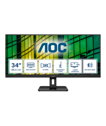 AOC, Monitor, U34E2M, 34", VA, WQHD, 21:9, 100 Hz, 4 ms, 3440 x 1440, 300 cd/m², HDMI ports quantity 2, Black