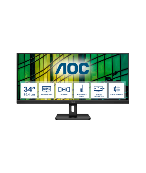AOC, Monitor, U34E2M, 34", VA, WQHD, 21:9, 100 Hz, 4 ms, 3440 x 1440, 300 cd/m², HDMI ports quantity 2, Black