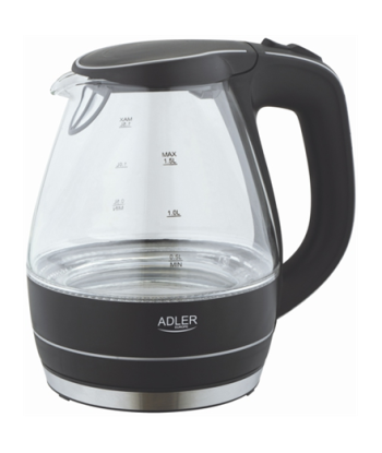 Чайник Adler, AD 1224, Standard, 2000 W, 1.5 L, Glass, 360° rotational base, Black