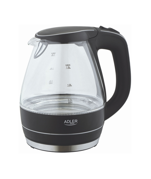 Чайник Adler, AD 1224, Standard, 2000 W, 1.5 L, Glass, 360° rotational base, Black