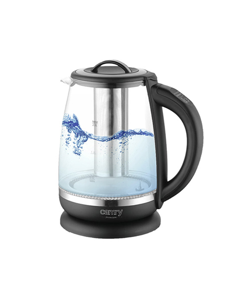 Чайник Camry, CR 1290, Standard, 2200 W, 2 L, Plastic/glass, 360° rotational base, Black/Transparent