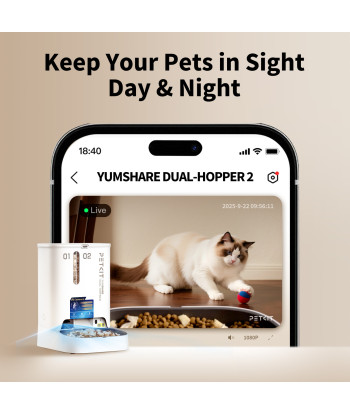 PETKIT YumShare Dual-Hopper Automatic Pet Feeder with Camera, 5 L, White