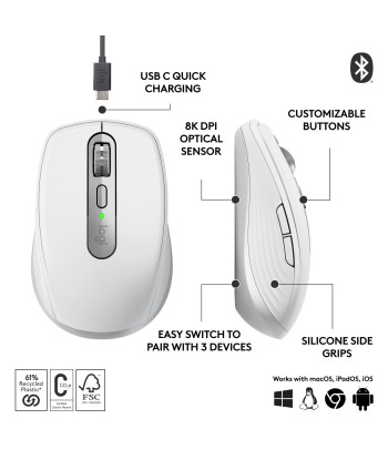 Logitech MX Anywhere 3S juhtmevaba hiir, helehall, 8000 DPI