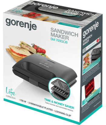 Бутербродница Gorenje SM703GCB 700 W, Number of plates 3, Number of pastry 2, Black