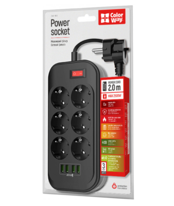 ColorWay Power Socket CW-CHE64B Black - Charge All Your Devices!