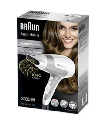 Braun Satin Hair 5 HD 580 Juukseföön - Võimas 2500W, Iooniline, 3 Seadet, Valge/Hõbedane