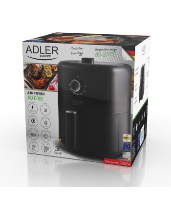 Аэрофритюрница Adler AD 6310 Power 2200 W, Capacity 3 L, High-volume hot-air circulation technology, Black