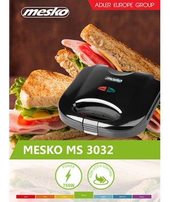 Бутербродница Mesko MS 3032 750 W, Number of plates 1, Number of pastry 2, Black