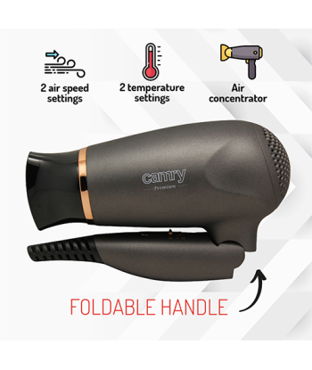 Camry CR 2261 Hair Dryer - 1400W, 2 Temperature Settings, Metallic Grey/Gold
