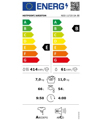 Стиральная машина Hotpoint With Dryer NDD 11725 DA EE Energy efficiency class E, Front loading, Washing capacity 11 kg, 1551 RPM