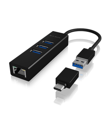Raidsonic 4 Port Hub with USB 3.0 Type-A, Type-C, Gigabit LAN Icy Box IB-HUB1419-LAN Black