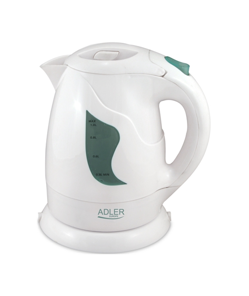 Чайник Adler AD 08, Plastic, White, 850 W, 1 L, 360° rotational base Чайник Adler AD 08, Plastic, White, 850 W, 1 L, 360° rotational base